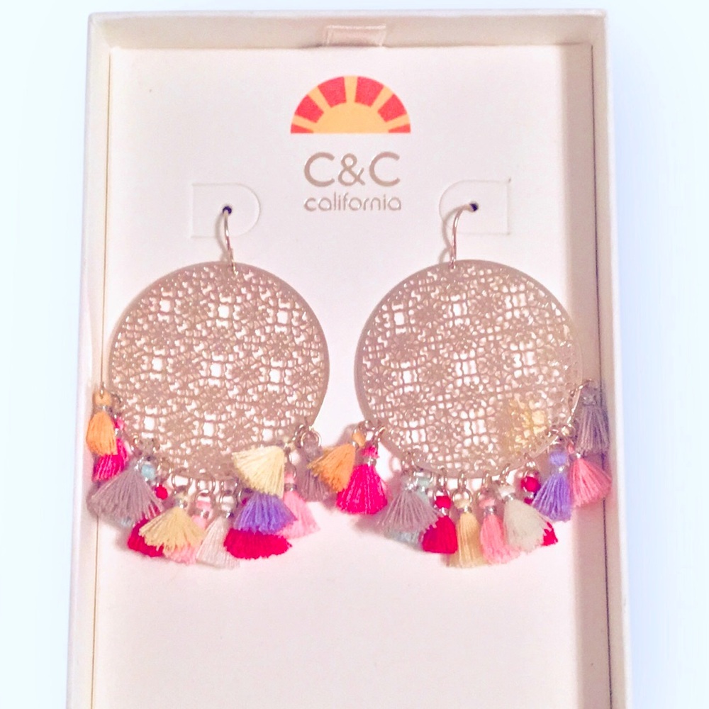 C&C California Gold-tone Laser Cut Round Disc Earrings with Multicolor Tassels